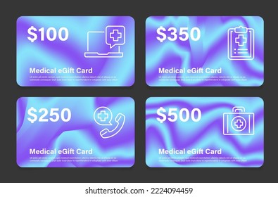 Medical egift card value buying medicine clinic service set realistic vector illustration. Healthcare hospital doctor emergency aid commercial voucher coupon gift present certificate amount balance