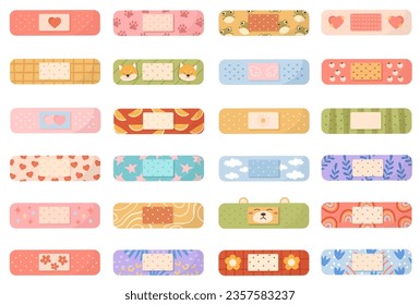 Medical elastic plaster, adhesive bandages, sticky tape and protection patch with childish design for emergency wound treatment and first aid isolated vector illustration set on white background