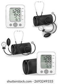 Iconos aislados del objeto de la Ilustración vectorial del tonómetro electrónico y manual médico