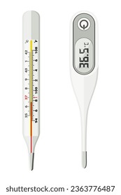 Medical electronic thermometer, medical mercury thermometer to measure the patient's body temperature initially. Flat design