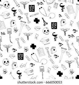 Medical elements. Hand drawn graphic vector seamless pattern