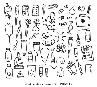 medical elements. hand-drawn hospital kit isolated black outline in the style of doodles on a white background. DNA,flasks, pills, masks, microscope, pills, first aid kit, template design