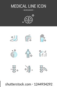 Medical elements outline icons set. Neurosurgery