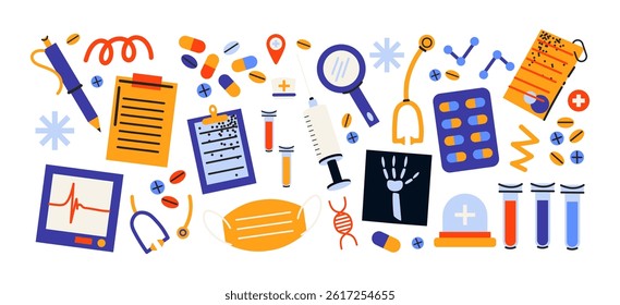 Medical elements in retro cartoon style. Syringe, x-ray image, pills, flasks, thermometer, 90s-inspired healthcare symbols, hospital-themed visuals, illustration in retro cartoon style, trendy sticker