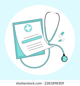 Medical elements, stethoscope, pills, magazine. Medicine healthcare concept.