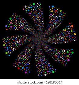 Medical Emblem fireworks swirl rotation. Vector illustration style is flat bright multicolored iconic symbols on a black background. Object twirl made from random design elements.