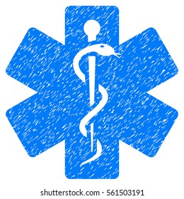 Medical Emblem grainy textured icon for overlay watermark stamps. Flat symbol with scratched texture. Dotted vector blue ink rubber seal stamp with grunge design on a white background.