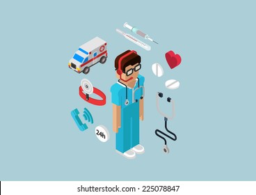 Medical emergency ambulance car all-day first aid service professional doctor nurse flat 3d isometric pixel art modern concept vector web illustration materials website infographics pixelart pills