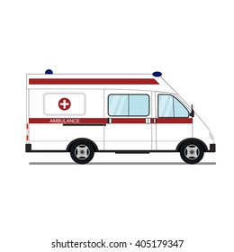 Medical emergency assistance. The white ambulance. A flat style. Side view. Ambulance isolated on white background. Icon design ambulance. Vector illustration.