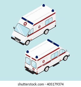 Medical emergency assistance. The white ambulance. Flat isometric. icon design. Vector illustration.