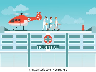 Medical emergency chopper helicopter with carry patient bed at the hospital building,ambulance helicopter vector illustration.