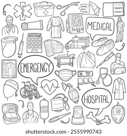 Medical Emergency Doodle Icons Black and White Line Art. Hospital Clipart Hand Drawn Symbol Design.