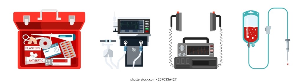 Medical emergency equipment: first aid kit, ventilator, defibrillator, and IV drip. Healthcare, medical insurance design. Flat vector illustrations set.