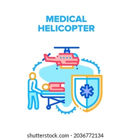 Medical Emergency Helicopter Vector Icon Concept. Helicopter For Transportation Illness Patient, Nurse Carrying On Stretcher For Help And Disease Treatment. Fly Transport Color Illustration