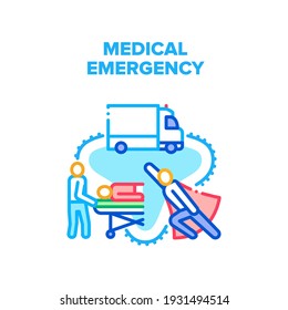 Medical Emergency Help Vector Icon Concept. Medical Emergency Doctor Fastness Help Illness Patient And Transportation By Ambulance Truck To Hospital. Heal And Treatment Disease Color Illustration