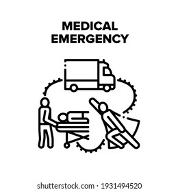 Medical Emergency Help Vector Icon Concept. Medical Emergency Doctor Fastness Help Illness Patient And Transportation By Ambulance Truck To Hospital. Heal And Treatment Disease Black Illustration