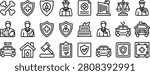 Medical Emergency Icons Set with Shield, Doctor, Ambulance, Building, Clipboard, and Cross Symbols in Outline Style