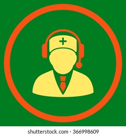 Medical Emergency Manager vector icon. Style is bicolor flat circled symbol, orange and yellow colors, rounded angles, green background.