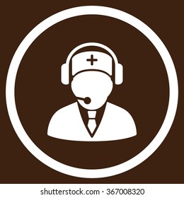Medical Emergency Manager vector icon. Style is flat circled symbol, white color, rounded angles, brown background.