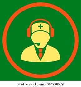 Medical Emergency Operator vector icon. Style is bicolor flat circled symbol, orange and yellow colors, rounded angles, green background.