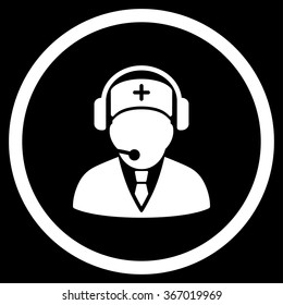 Medical Emergency Operator vector icon. Style is flat circled symbol, white color, rounded angles, black background.