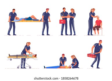 Medical emergency paramedic rescue team first aid at work. Professional medic specialist staff in uniform help people with injury, provide treatment vector illustration isolated on white background
