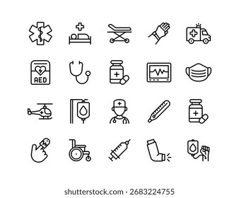 Servicios de urgencias médicas Vector Icon Set | Peso de línea ajustable | Ambulancia, doctor, inyección, máscara, guantes, aed, bolsa de sangre, primeros auxilios, monitor, medicina, emergencia, camilla, enfermera