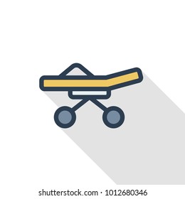 Medical emergency stretcher thin line flat color icon. Linear vector illustration. Pictogram isolated on white background. Colorful long shadow design.