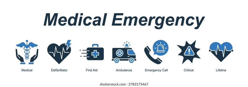 Medical Emergency web banner icon concept for with icon of Medical, Defibrillator, First Aid, Ambulance, Emergency Call, Critical, Lifeline.