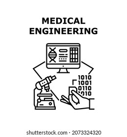 Medical Engineering Vector Icon Concept. Medical Engineering And Innovative Development, Laboratory Discovery And Experiment, Digital Researching. Modern Medicine Science Black Illustration