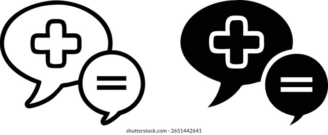 Conjunto de iconos de chat de igualdad médica, Vector blanco y negro, ilustración de contorno de silueta de mensaje de salud