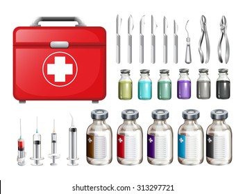 Medical equiments and firstaid box illustration