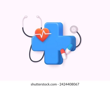 Medical equipment 3d cartoon style. Pharmacy concept. 3D Web Vector Illustrations.