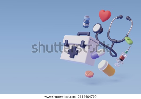 Medical equipment 3d cartoon style, wellness and\
online healthcare\
concept.