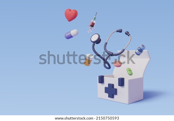 Medical\
equipment 3d cartoon style, Vaccine, stethoscope, capsule, pills\
and medicine box, Healthcare and medical\
Concept.