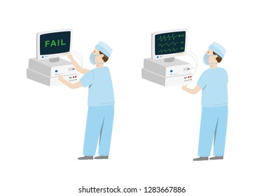 Medical Equipment Befor And After Maintenance. Man Setting Up Medical Monitor With Fail And Repair It. Vector Illustration Isolated On White