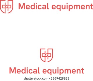 Medical equipment business logo with brand name. Shield and medical cross icon. Creative design element. Visual identity. Suitable for medical, laboratory, healthcare.