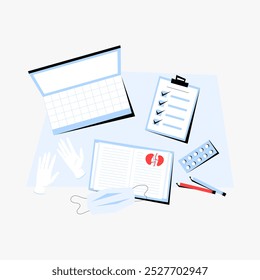 Equipamento médico com área de transferência e notebook simbolizando o rastreamento da saúde do paciente em ilustração vetorial plana, isolado em fundo branco.