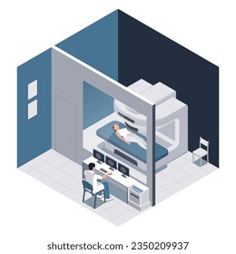 Medical equipment concept with examination and treatment symbols isometric vector illustration