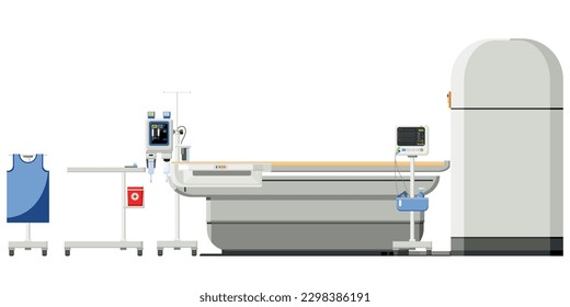 Medical equipment, CT Scan is computed tomography used to diagnose abnormalities of various organs in the body. Equipment Contrast media injectors, Lead Apron,monitor patient, equipment prep table.