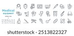 Medical equipment, devices, tools line icon set. Colonoscope, endoscope, tonomert, glucometer, scalpel, drip, enema, insulin pen, glasses, slit lamp vector illustration. Editable Strokes