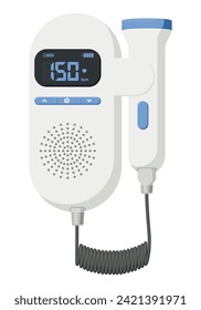 Equipo médico, detectores de ultrasonidos de corazón fetal Doppler, dispositivos portátiles, uso de ondas sonoras para detectar el latido cardíaco de un feto en desarrollo. Diseño plano