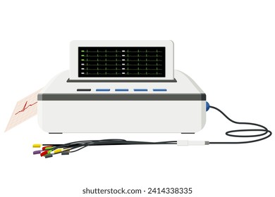 Equipo médico, Máquina electrocardiográfica registra señales eléctricas en el corazón. Prueba común, sin dolor, utilizada para detectar rápidamente problemas cardíacos, monitorizar la salud del corazón. Diagnóstico. Diseño plano