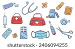 Medical equipment element set of colored doodle vector illustrations. Medical bag, stethoscope, syringe, scissors, pill blister, thermometer, band aid, pill capsules, face mask, cream tube, tape.