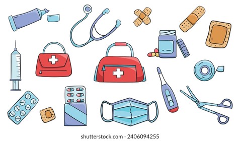 Medical equipment element set of colored doodle vector illustrations. Medical bag, stethoscope, syringe, scissors, pill blister, thermometer, band aid, pill capsules, face mask, cream tube, tape.