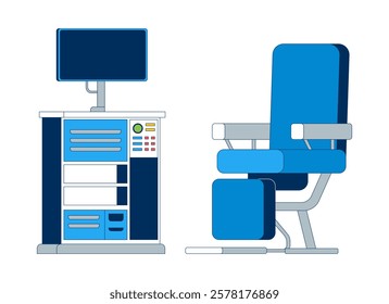 Medical equipment and examination chair 2D cartoon object. Diagnostic tools setup with monitor and control panels isolated element flat vector clipart on white background. Spot illustration