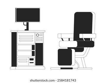 Medical equipment and examination chair black and white 2D line object. Diagnostic tools setup with monitor and control panels isolated clip art vector outline item. Monochromatic spot illustration