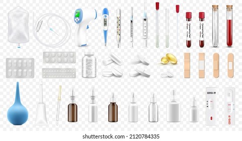 Medical Equipment And First Aid Kit. Realistic 3d Medical Emergency Icon Set With Pills, Enema, Injection Syringe, Nasal Spray, Test Tubes, Medicine Ampule, Dropper, Thermomete, Isolated Detailed Obje