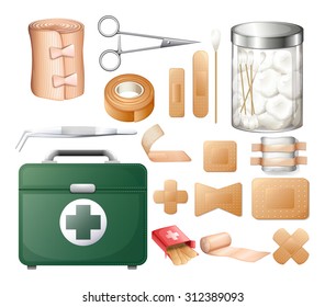 Medical equipment in firstaid box illustration