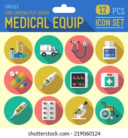 Medical equipment flat long shadow design circle icon set. Trendy illustrations. Vector.